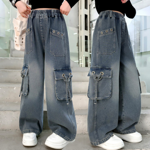 女童工裝褲春秋女大童春款牛仔褲潮酷寬松濶腿褲休閒春季兒童褲子