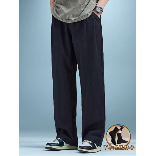 Dekase輕薄亞麻褲男垂感直筒濶腿褲夏季透氣男士高級棉麻休閒褲