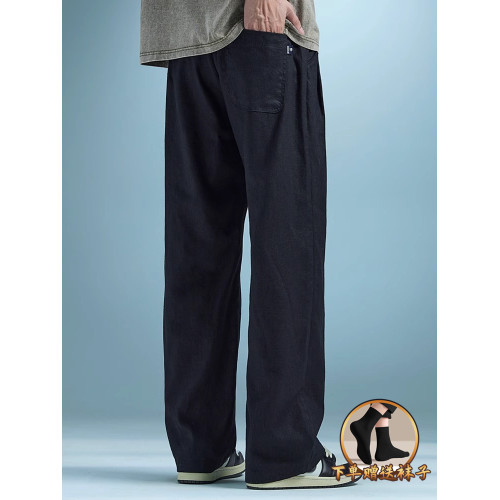 Dekase輕薄亞麻褲男垂感直筒濶腿褲夏季透氣男士高級棉麻休閒褲