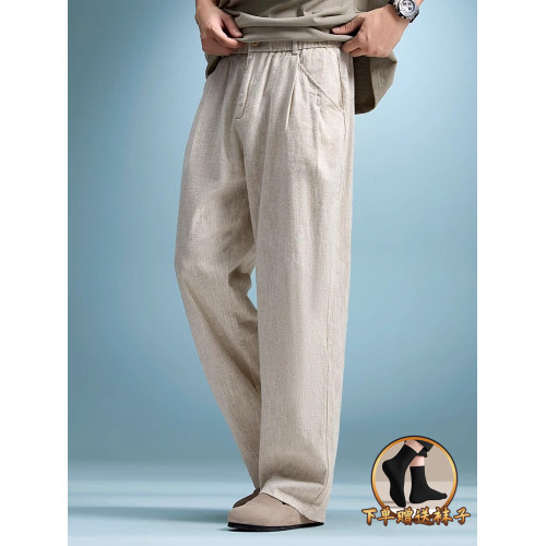 Dekase輕薄亞麻褲男垂感直筒濶腿褲夏季透氣男士高級棉麻休閒褲