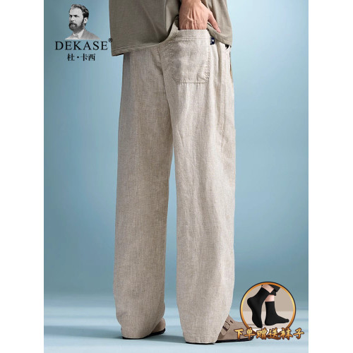 Dekase輕薄亞麻褲男垂感直筒濶腿褲夏季透氣男士高級棉麻休閒褲