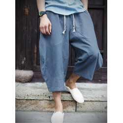 夏風寬松大碼七分褲短褲男士胖子肥佬濶腿褲亞麻休閒裙褲褲子