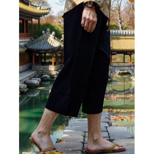 夏風寬松大碼七分褲短褲男士胖子肥佬濶腿褲亞麻休閒裙褲褲子