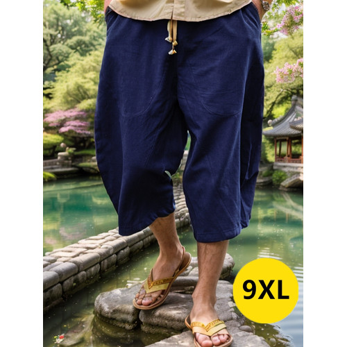 夏風寬松大碼七分褲短褲男士胖子肥佬濶腿褲亞麻休閒裙褲褲子