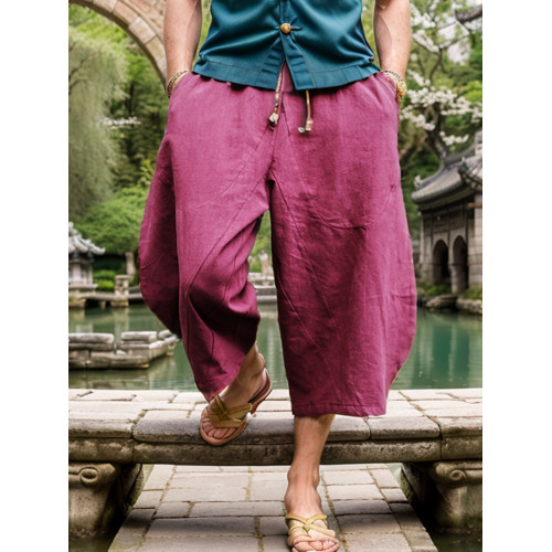 夏風寬松大碼七分褲短褲男士胖子肥佬濶腿褲亞麻休閒裙褲褲子