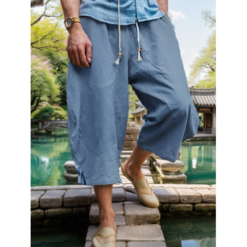 夏風寬松大碼七分褲短褲男士胖子肥佬濶腿褲亞麻休閒裙褲褲子