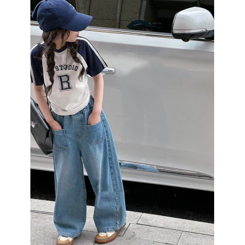 波拉韓童裝女童直筒褲2025夏季兒童牛仔褲濶腿褲中大童洋氣長褲