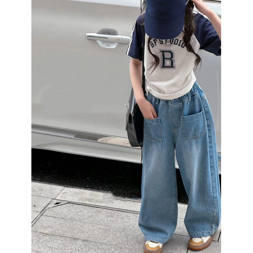 波拉韓童裝女童直筒褲2025夏季兒童牛仔褲濶腿褲中大童洋氣長褲
