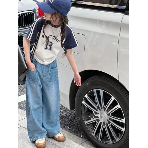 波拉韓童裝女童直筒褲2025夏季兒童牛仔褲濶腿褲中大童洋氣長褲