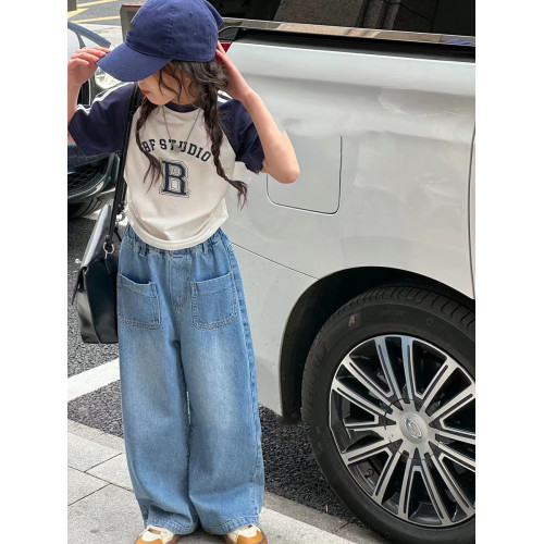 波拉韓童裝女童直筒褲2025夏季兒童牛仔褲濶腿褲中大童洋氣長褲