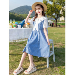 女童牛仔連衣裙夏季新款韓版2025中大兒童假兩件網紅洋氣公主裙子