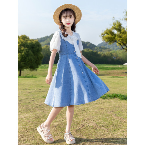 女童牛仔連衣裙夏季新款韓版2025中大兒童假兩件網紅洋氣公主裙子