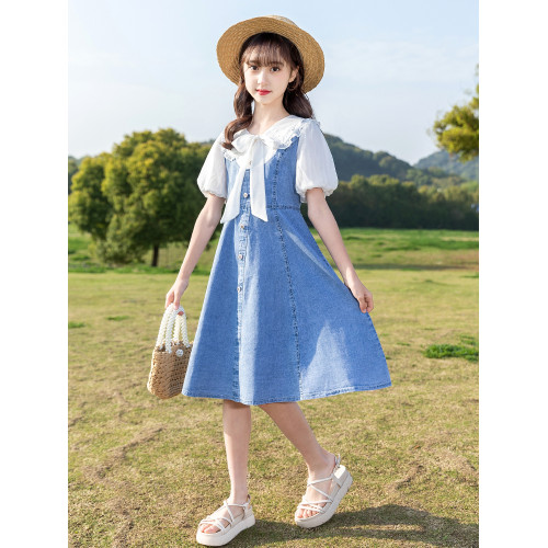 女童牛仔連衣裙夏季新款韓版2025中大兒童假兩件網紅洋氣公主裙子