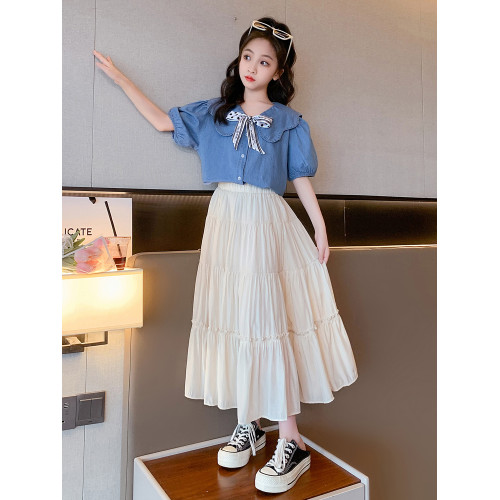 女童連衣裙夏季2025新款大童洋氣網紅夏裝牛仔上衣半身裙兩件套潮