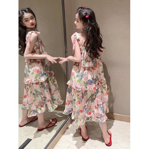 女童吊帶連衣裙夏裝海邊度假沙灘裙洋氣大童網紅夏季兒童碎花裙子