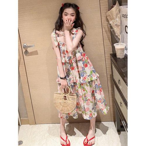 女童吊帶連衣裙夏裝海邊度假沙灘裙洋氣大童網紅夏季兒童碎花裙子