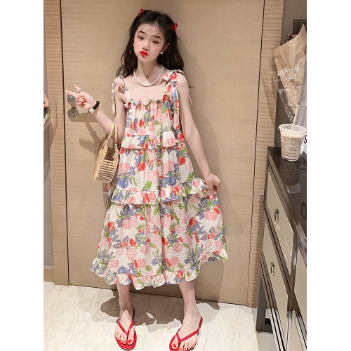 女童吊帶連衣裙夏裝海邊度假沙灘裙洋氣大童網紅夏季兒童碎花裙子