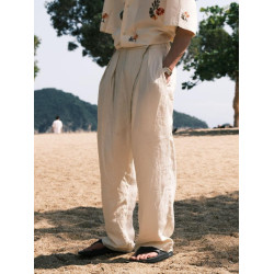 SAME FLOW 日系垂感寬松褶皺拖地亞麻長褲高腰直筒顯瘦休閒濶腿褲