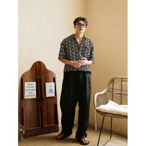 SAME FLOW 日系垂感寬松褶皺拖地亞麻長褲高腰直筒顯瘦休閒濶腿褲