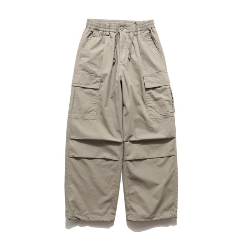 原創新款山系繖兵褲男女機能口袋松緊腰工裝褲寬松濶腿褲大地色潮