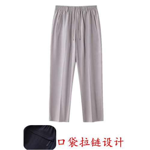 中老年男士薄款真絲長褲夏季休閒寬松直筒褲桑蠶絲高腰深襠濶腿褲