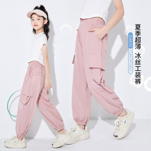 女童休閒褲冰絲夏季薄款2025新款兒童夏裝褲子工裝褲防蚊褲速乾褲