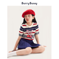BarryBanny女童夏季櫻桃短袖T恤新款條紋學院風兒童針織休閒上衣