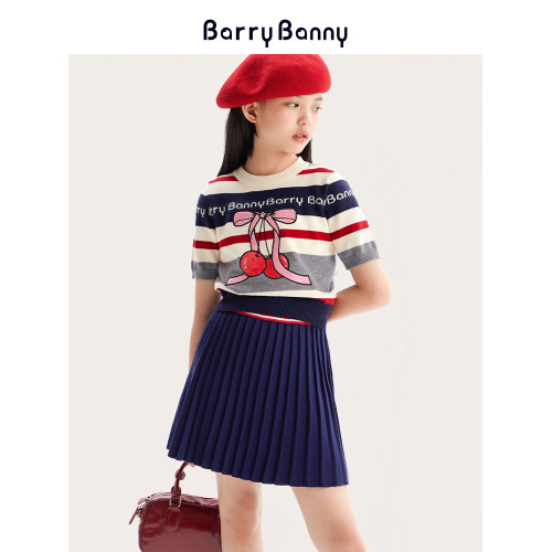 BarryBanny女童夏季櫻桃短袖T恤新款條紋學院風兒童針織休閒上衣