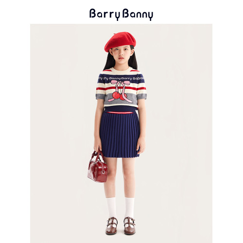 BarryBanny女童夏季櫻桃短袖T恤新款條紋學院風兒童針織休閒上衣