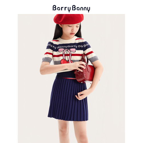 BarryBanny女童夏季櫻桃短袖T恤新款條紋學院風兒童針織休閒上衣