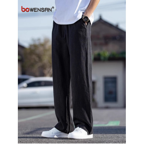 新中式亞麻休閒褲男士2025新款夏季薄款棉麻男褲直筒濶腿褲子男款