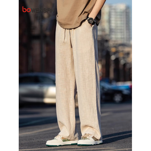 新中式亞麻休閒褲男士2025新款夏季薄款棉麻男褲直筒濶腿褲子男款