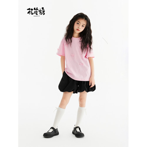 花笙糖洋氣童裝甜酷中大女童短褲夏裝兒童女孩黑色防走光花苞褲新