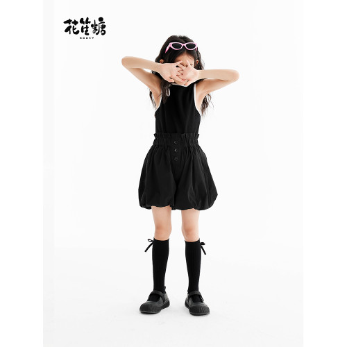 花笙糖洋氣童裝甜酷中大女童短褲夏裝兒童女孩黑色防走光花苞褲新