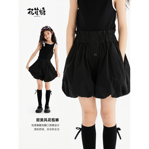 花笙糖洋氣童裝甜酷中大女童短褲夏裝兒童女孩黑色防走光花苞褲新