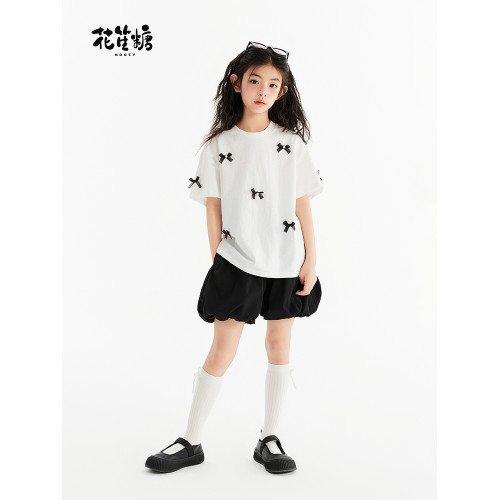 花笙糖洋氣童裝甜酷中大女童短褲夏裝兒童女孩黑色防走光花苞褲新