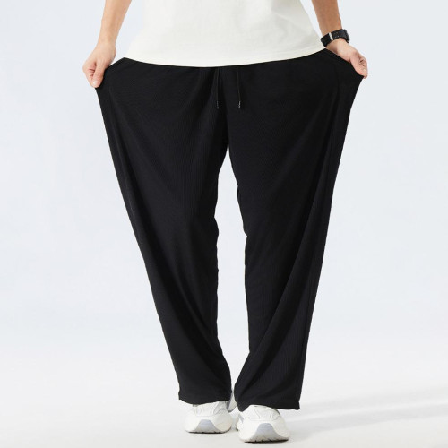 潮胖子冰絲褲男垂感濶腿褲直筒褲加肥加大碼休閒褲肥佬寬松300斤