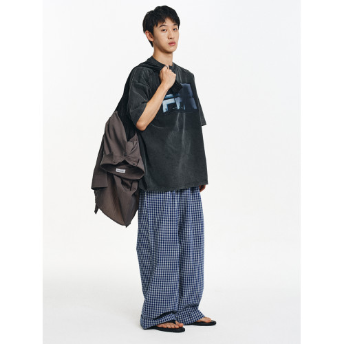 LIMPIDOCULUS格紋格子純棉腰間打褶松緊抽繩寬松直筒慵懶濶腿褲