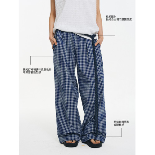 LIMPIDOCULUS格紋格子純棉腰間打褶松緊抽繩寬松直筒慵懶濶腿褲