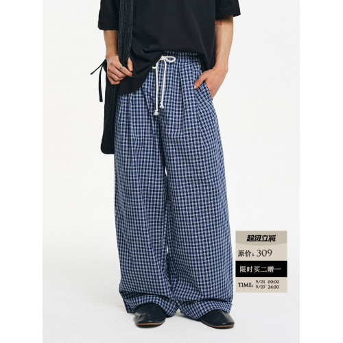 LIMPIDOCULUS格紋格子純棉腰間打褶松緊抽繩寬松直筒慵懶濶腿褲