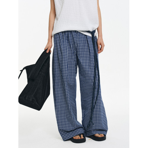 LIMPIDOCULUS格紋格子純棉腰間打褶松緊抽繩寬松直筒慵懶濶腿褲