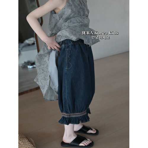 優米左童裝女童牛仔褲2025新款夏款甜美女孩設計款復古褲子9分褲