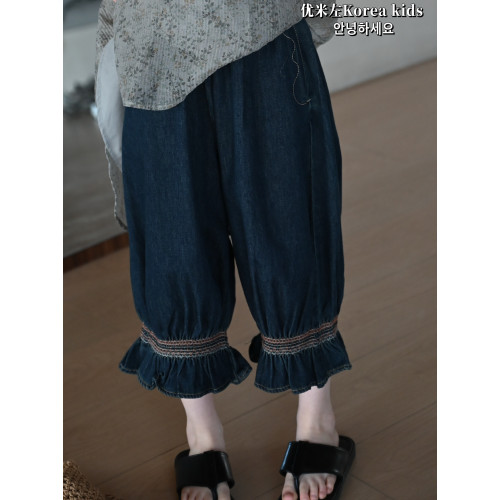 優米左童裝女童牛仔褲2025新款夏款甜美女孩設計款復古褲子9分褲