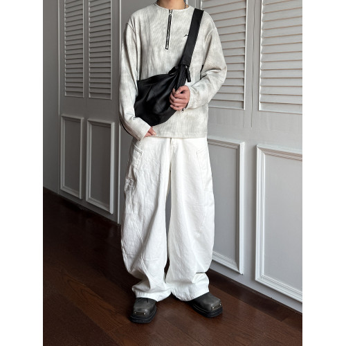 KUBU美式復古大口袋彎刀褲男痞帥高級感白色褲子寬松直筒濶腿褲潮