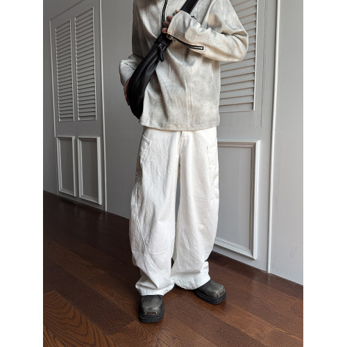 KUBU美式復古大口袋彎刀褲男痞帥高級感白色褲子寬松直筒濶腿褲潮