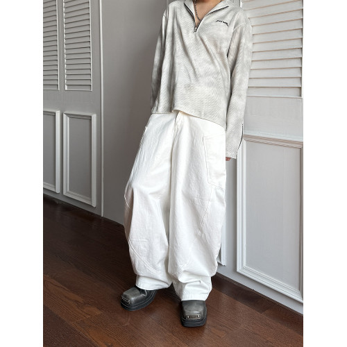 KUBU美式復古大口袋彎刀褲男痞帥高級感白色褲子寬松直筒濶腿褲潮