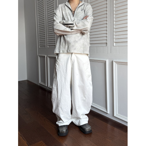 KUBU美式復古大口袋彎刀褲男痞帥高級感白色褲子寬松直筒濶腿褲潮