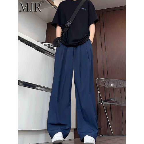 藏藍色休閒褲男士潮牌美式復古夏季薄款男褲冰絲速乾褲垂感濶腿褲