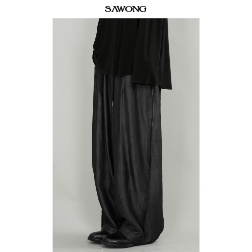SAWONG夏季新款原創設計日系小衆松弛感休閒薄款天絲牛仔濶腿褲男