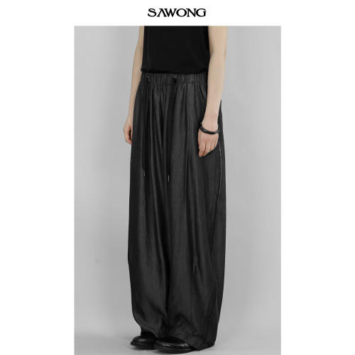 SAWONG夏季新款原創設計日系小衆松弛感休閒薄款天絲牛仔濶腿褲男